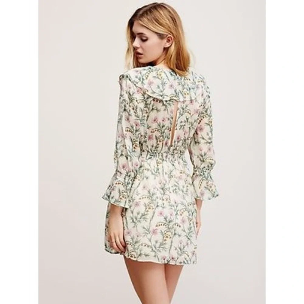 $128 Free People Floral Mini Dress Cream Ruffle Tie Front Women SM Cottagecore